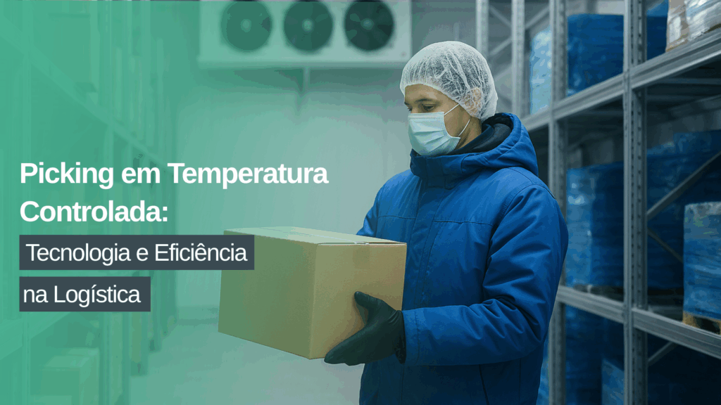 Trabalhador dentro de armazém refrigerado realizando picking em ambiente de temperatura controlada.