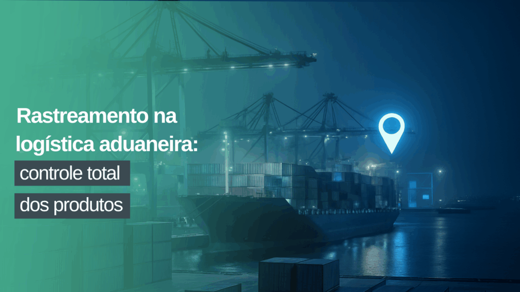 Porto à noite com navio cargueiro, contêineres e marcador digital de rastreamento.