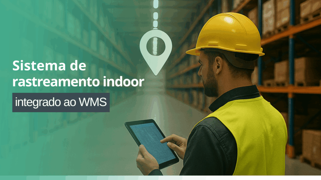 Operador usando tablet para rastreamento indoor em armazém com ícone de localização destacado.
